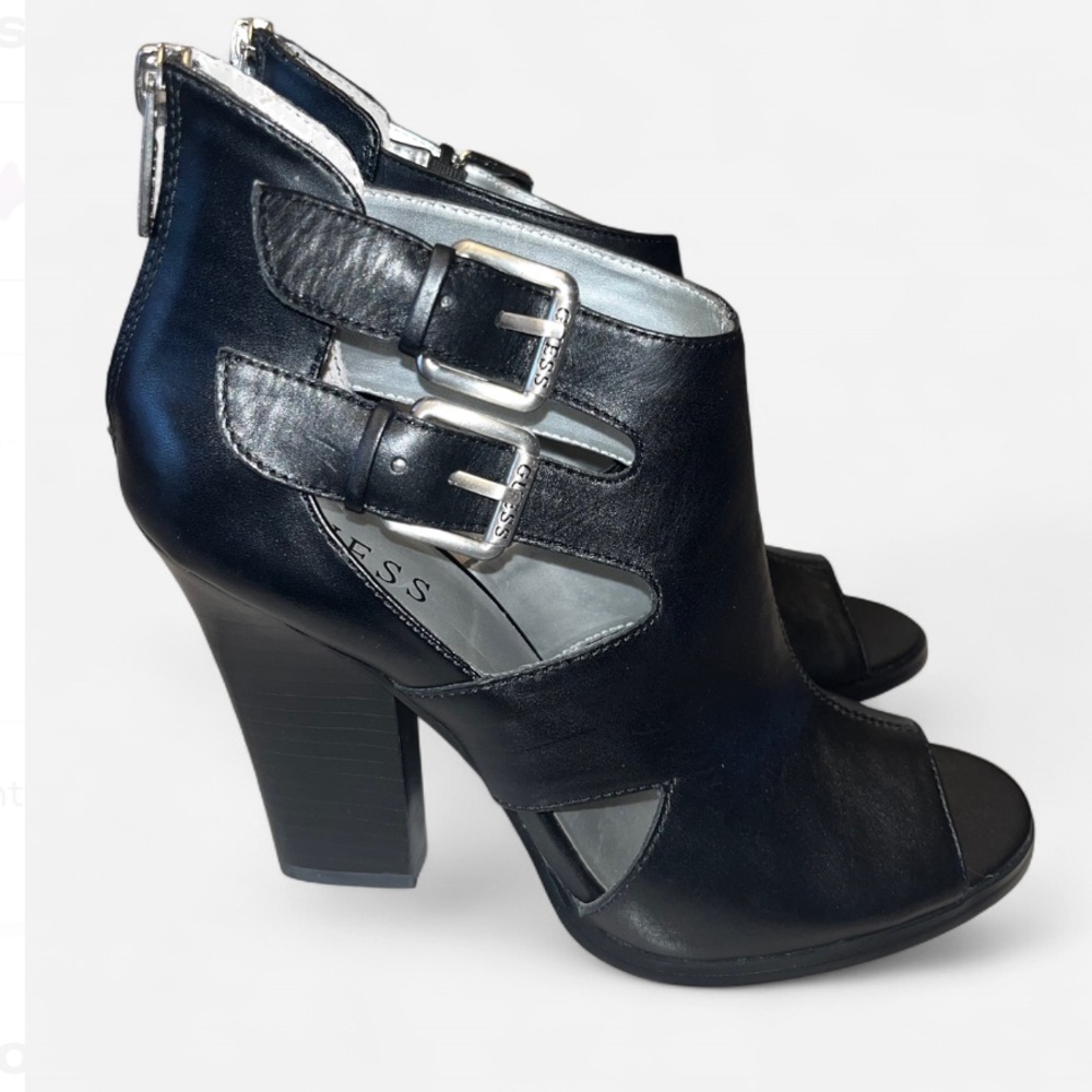 Guess black leather peep toe booties/sandals